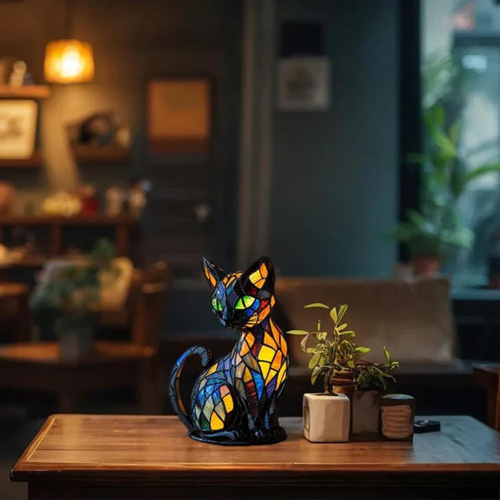 Lampe de Table en Verre Coloré | Design de Chat Fait Main et Chaleureux