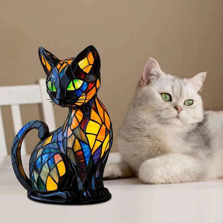 Lampe de Table en Verre Coloré | Design de Chat Fait Main et Chaleureux