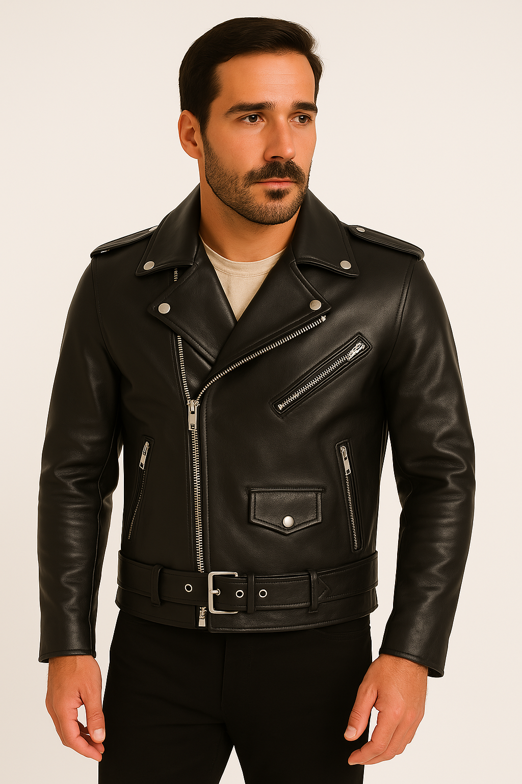 Veste de Moto en Cuir pour Homme - Détails Zippés et Ajustement Confortable