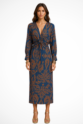 Robe midi élégante imprimée femme col en V et manches longues raffinées