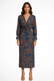 Robe midi élégante imprimée femme col en V et manches longues raffinées