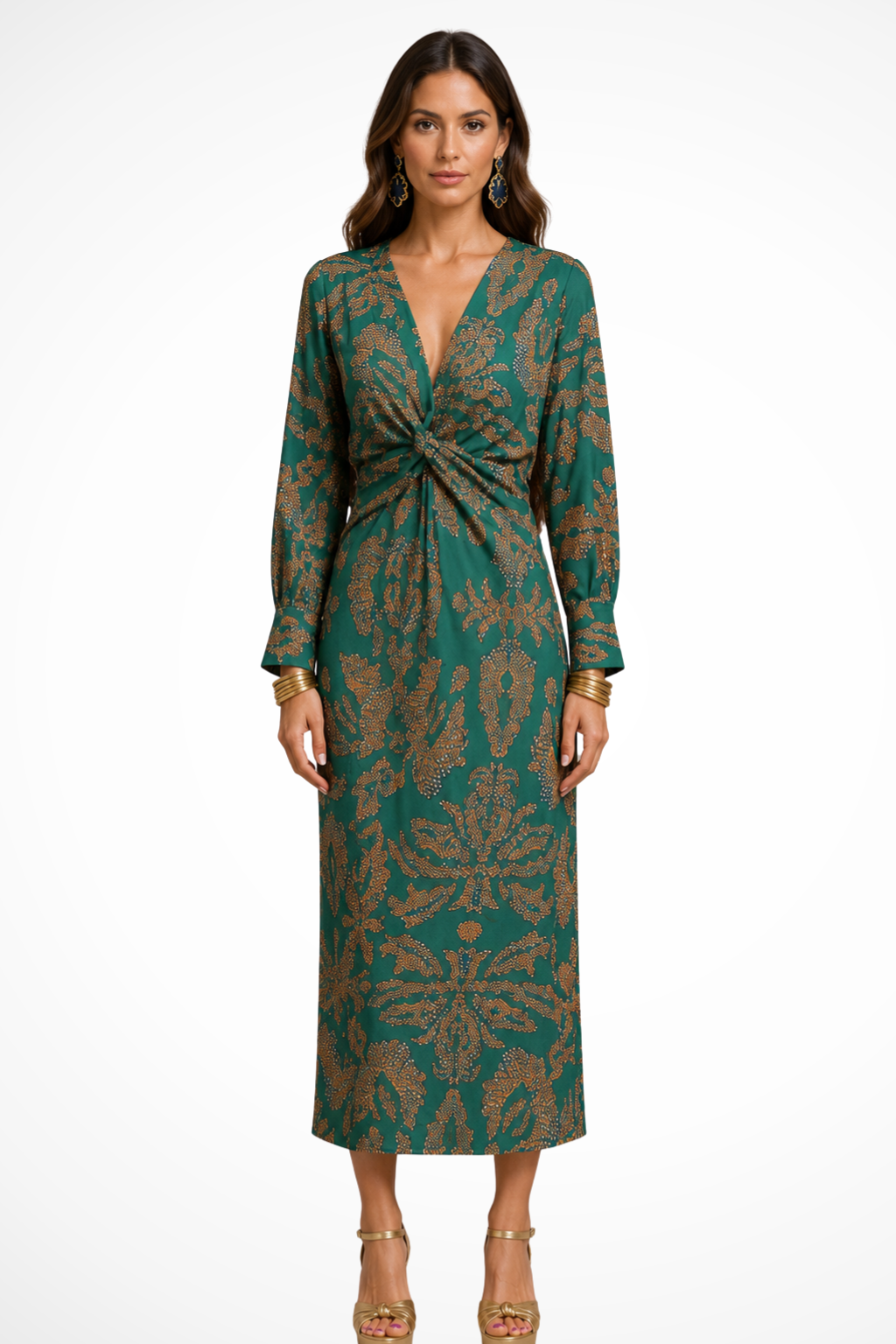 Robe midi élégante imprimée femme col en V et manches longues raffinées