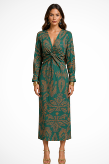 Robe midi élégante imprimée femme col en V et manches longues raffinées