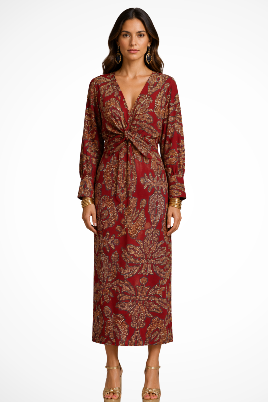 Robe midi élégante imprimée femme col en V et manches longues raffinées