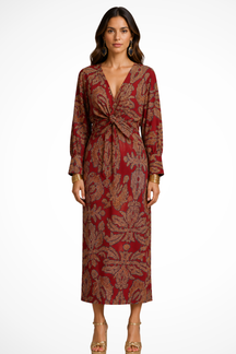 Robe midi élégante imprimée femme col en V et manches longues raffinées