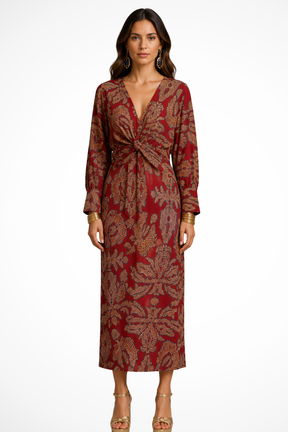 Robe midi élégante imprimée femme col en V et manches longues raffinées