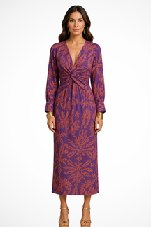 Robe midi élégante imprimée femme col en V et manches longues raffinées