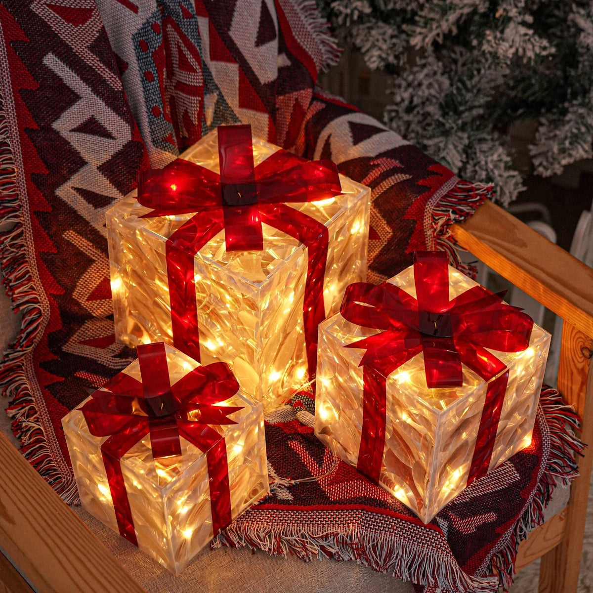 Boîtes Cadeaux LED pour Noël - Ensemble de 3 Tailles avec Éclairage chaleureux