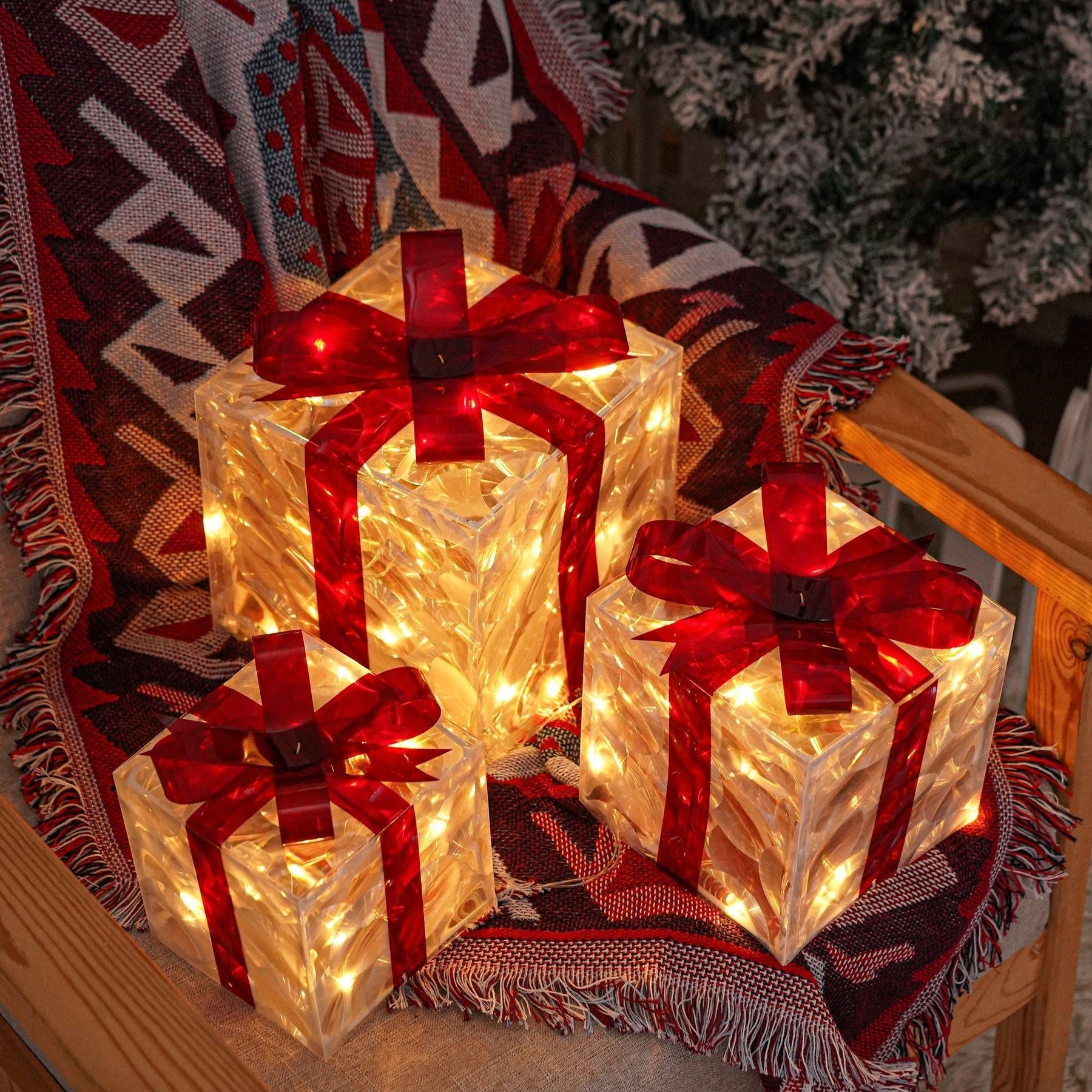 Boîtes Cadeaux LED pour Noël - Ensemble de 3 Tailles avec Éclairage chaleureux