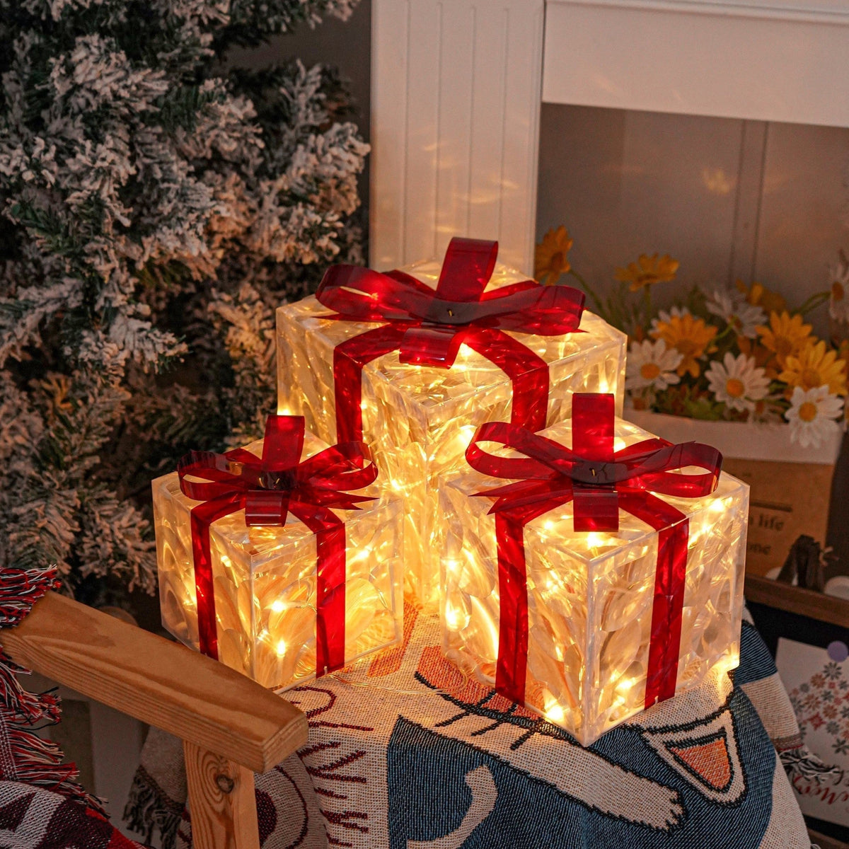 Boîtes Cadeaux LED pour Noël - Ensemble de 3 Tailles avec Éclairage chaleureux