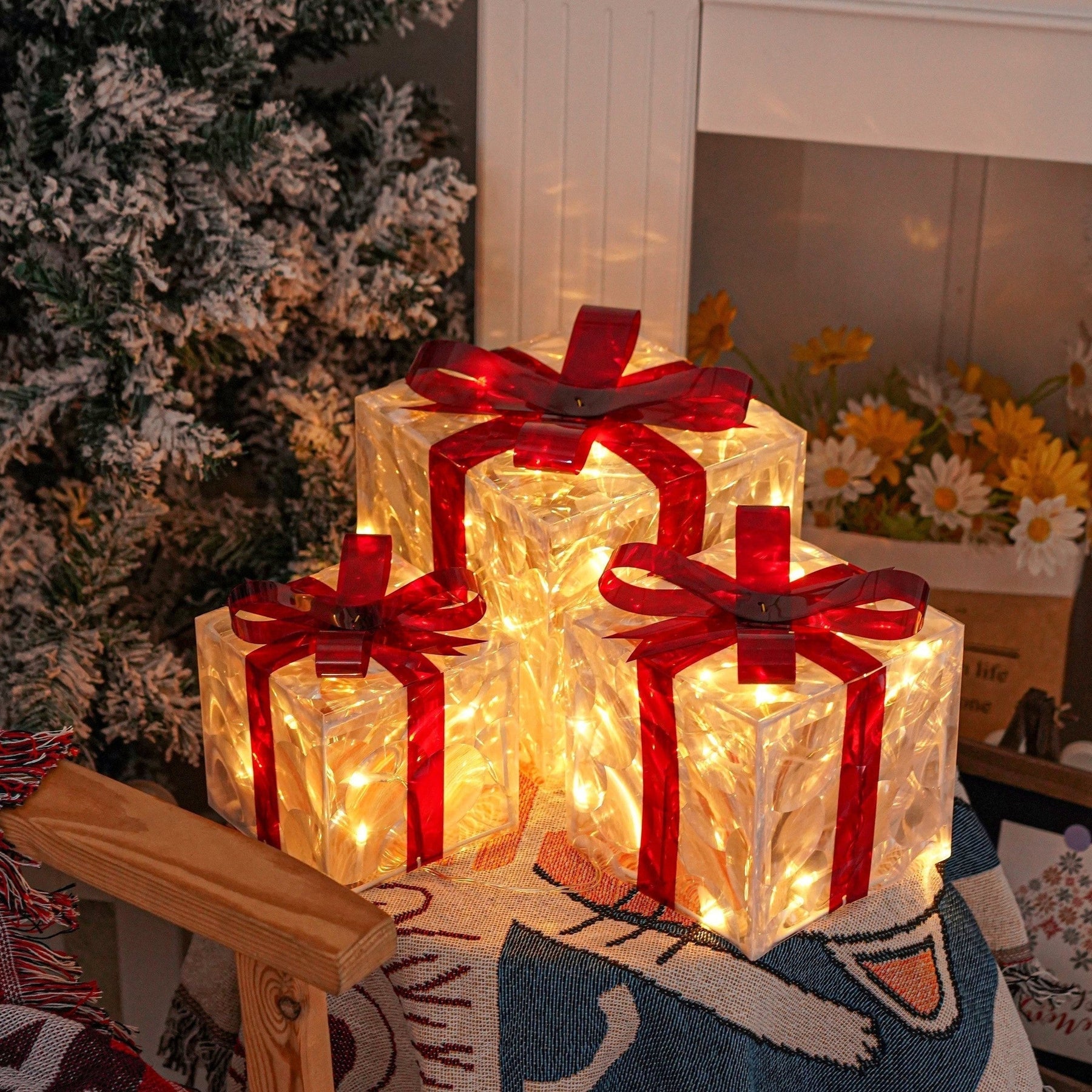 Boîtes Cadeaux LED pour Noël - Ensemble de 3 Tailles avec Éclairage chaleureux