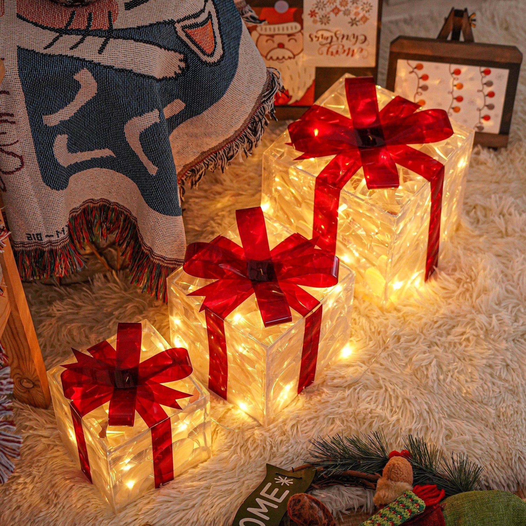 Boîtes Cadeaux LED pour Noël - Ensemble de 3 Tailles avec Éclairage chaleureux
