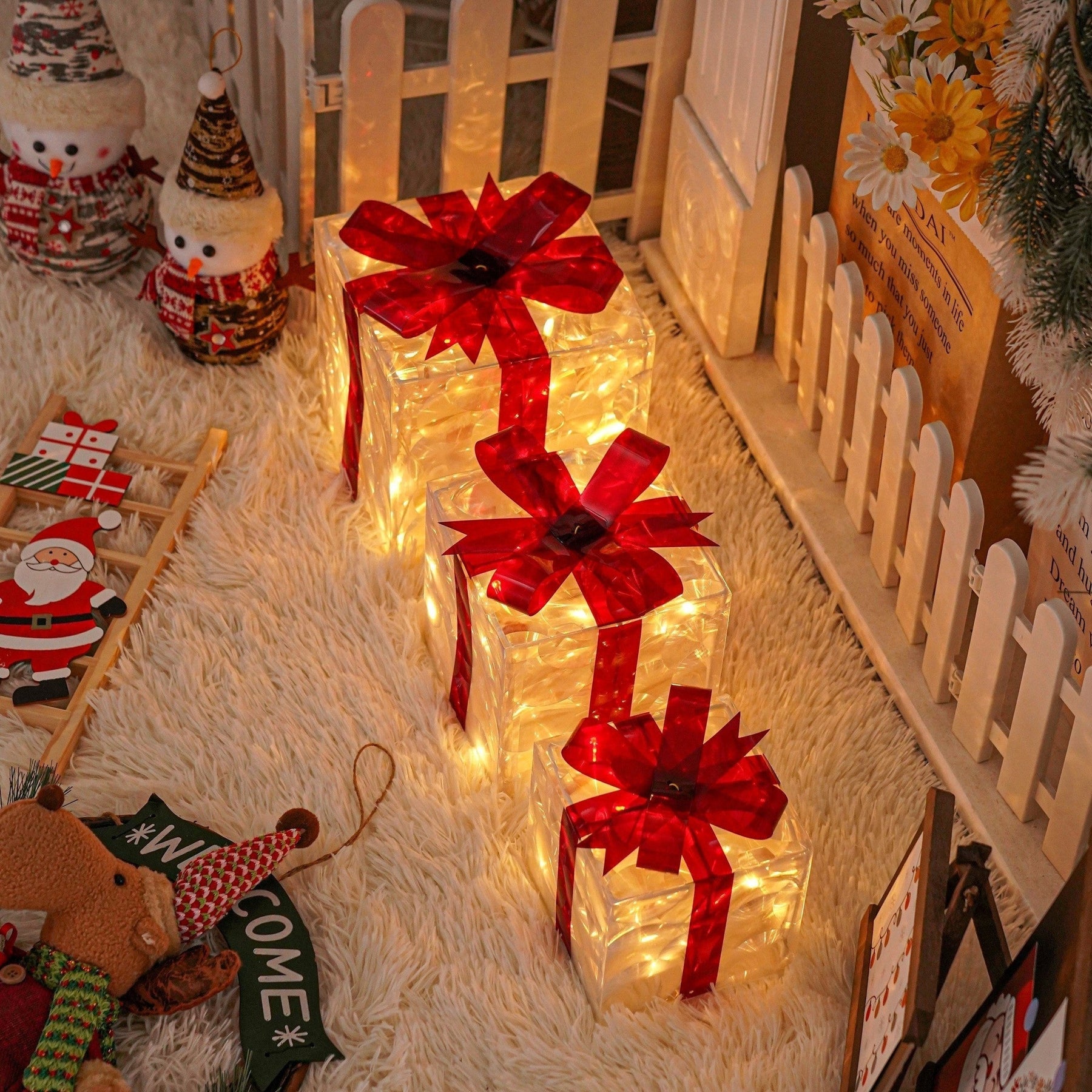 Boîtes Cadeaux LED pour Noël - Ensemble de 3 Tailles avec Éclairage chaleureux