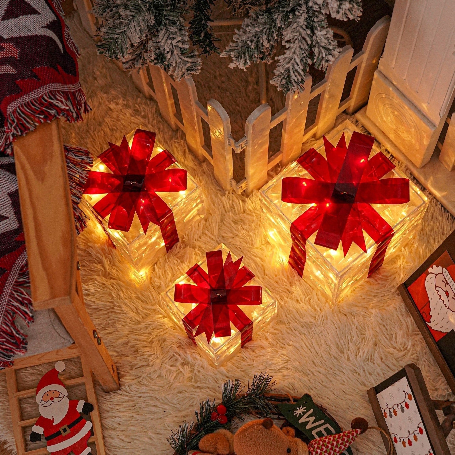 Boîtes Cadeaux LED pour Noël - Ensemble de 3 Tailles avec Éclairage chaleureux