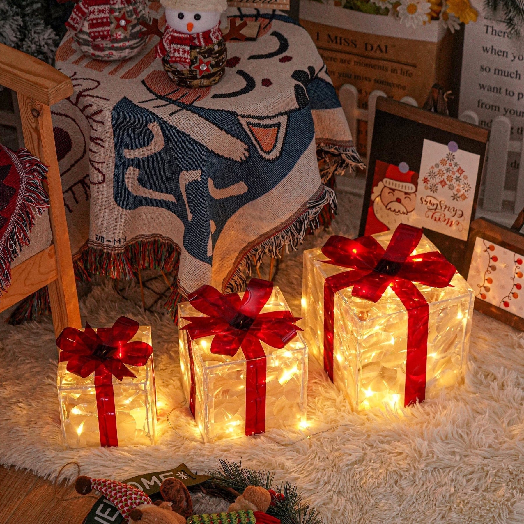 Boîtes Cadeaux LED pour Noël - Ensemble de 3 Tailles avec Éclairage chaleureux