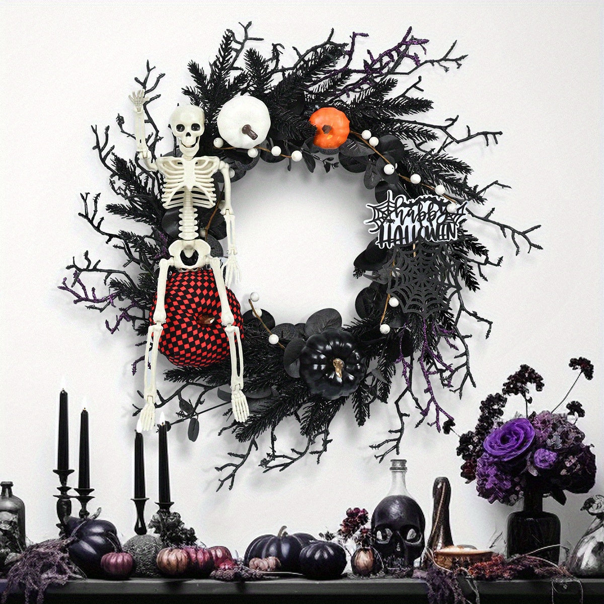 Couronne Halloween Squelette Citrouille - Décor Effrayant avec Accents Dramatiques