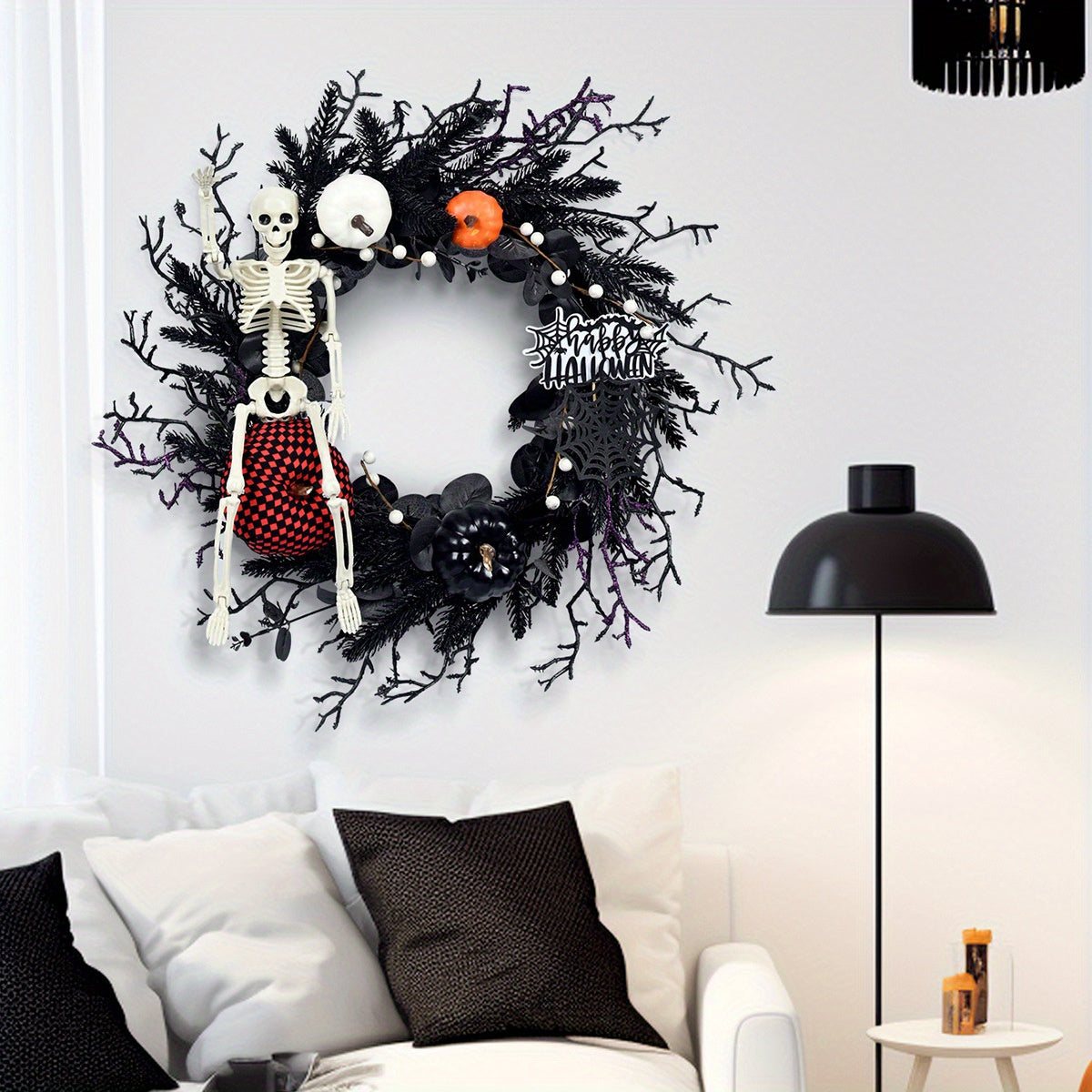 Couronne Halloween Squelette Citrouille - Décor Effrayant avec Accents Dramatiques