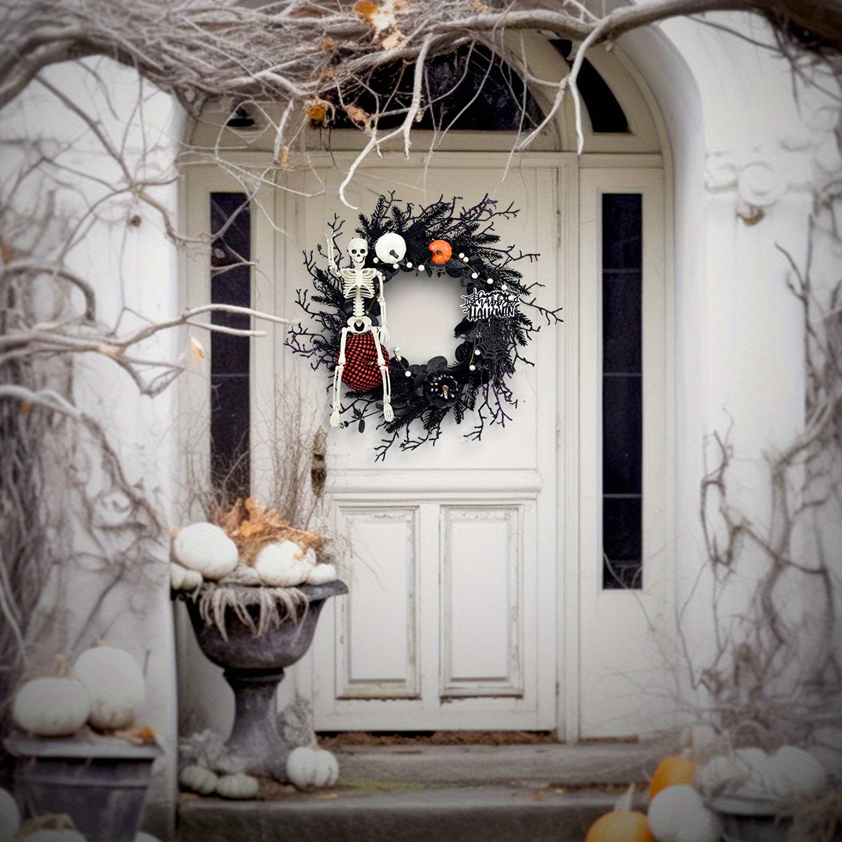 Couronne Halloween Squelette Citrouille - Décor Effrayant avec Accents Dramatiques