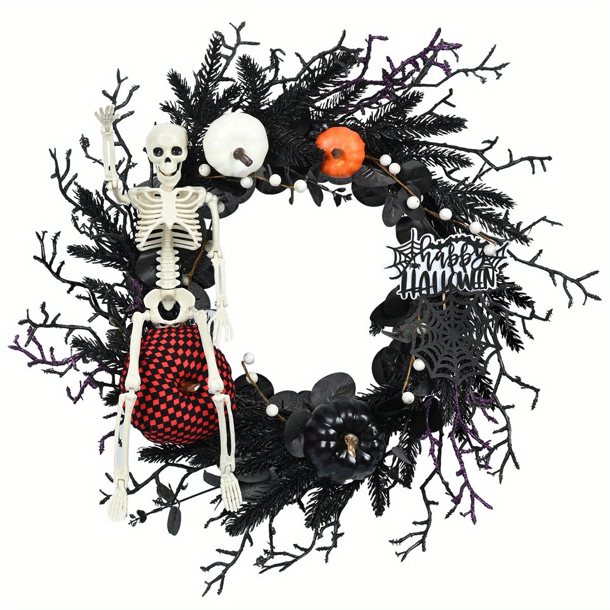Couronne Halloween Squelette Citrouille - Décor Effrayant avec Accents Dramatiques