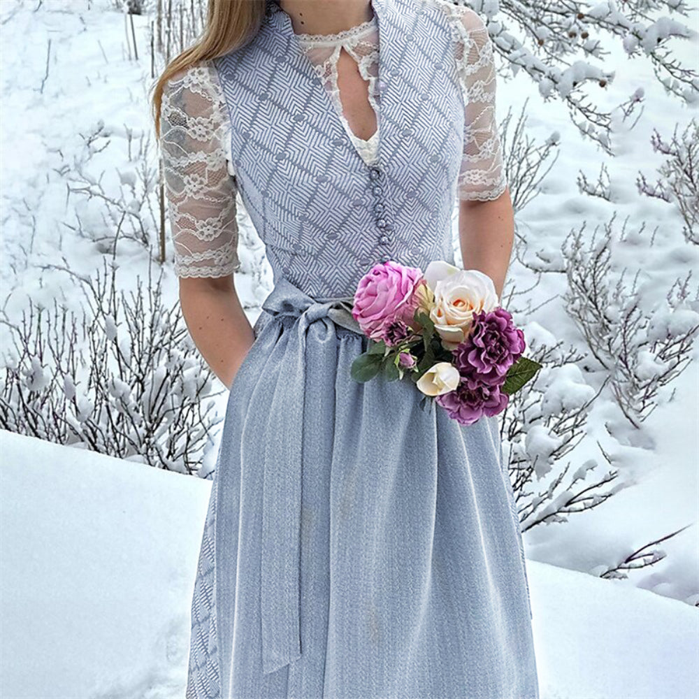 Robe Dirndl Grise Élégante - Style Traditionnel avec Tablier pour Oktoberfest