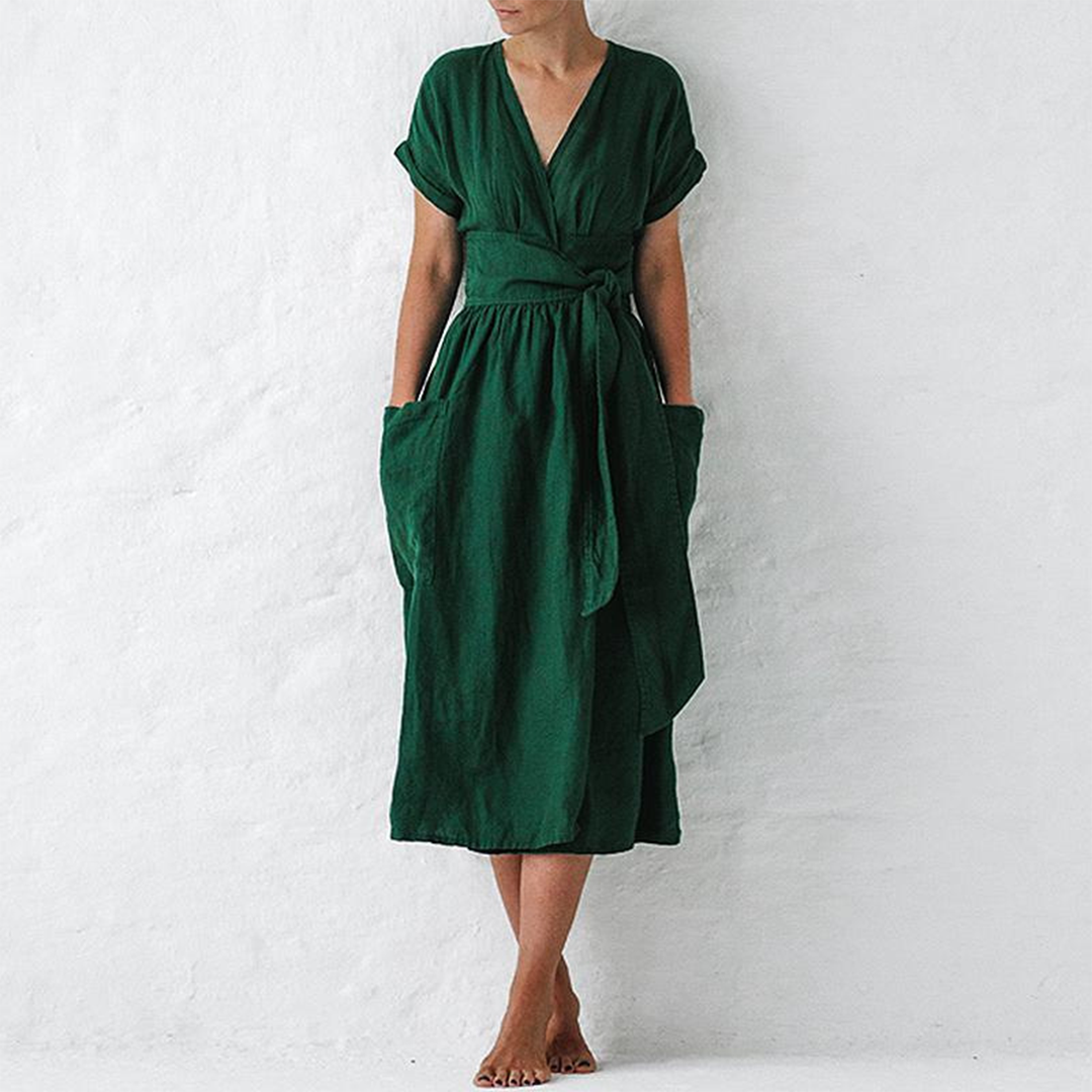 Robe Maxi Décontractée Col V Femme - Élégance et Confort pour l'Été