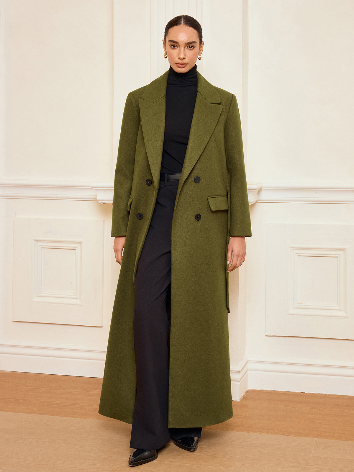 Manteau Long Ceinturé à Double Boutonnage - Chaud en Tweed avec Manches Longues