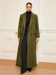 Manteau Long Ceinturé à Double Boutonnage - Chaud en Tweed avec Manches Longues