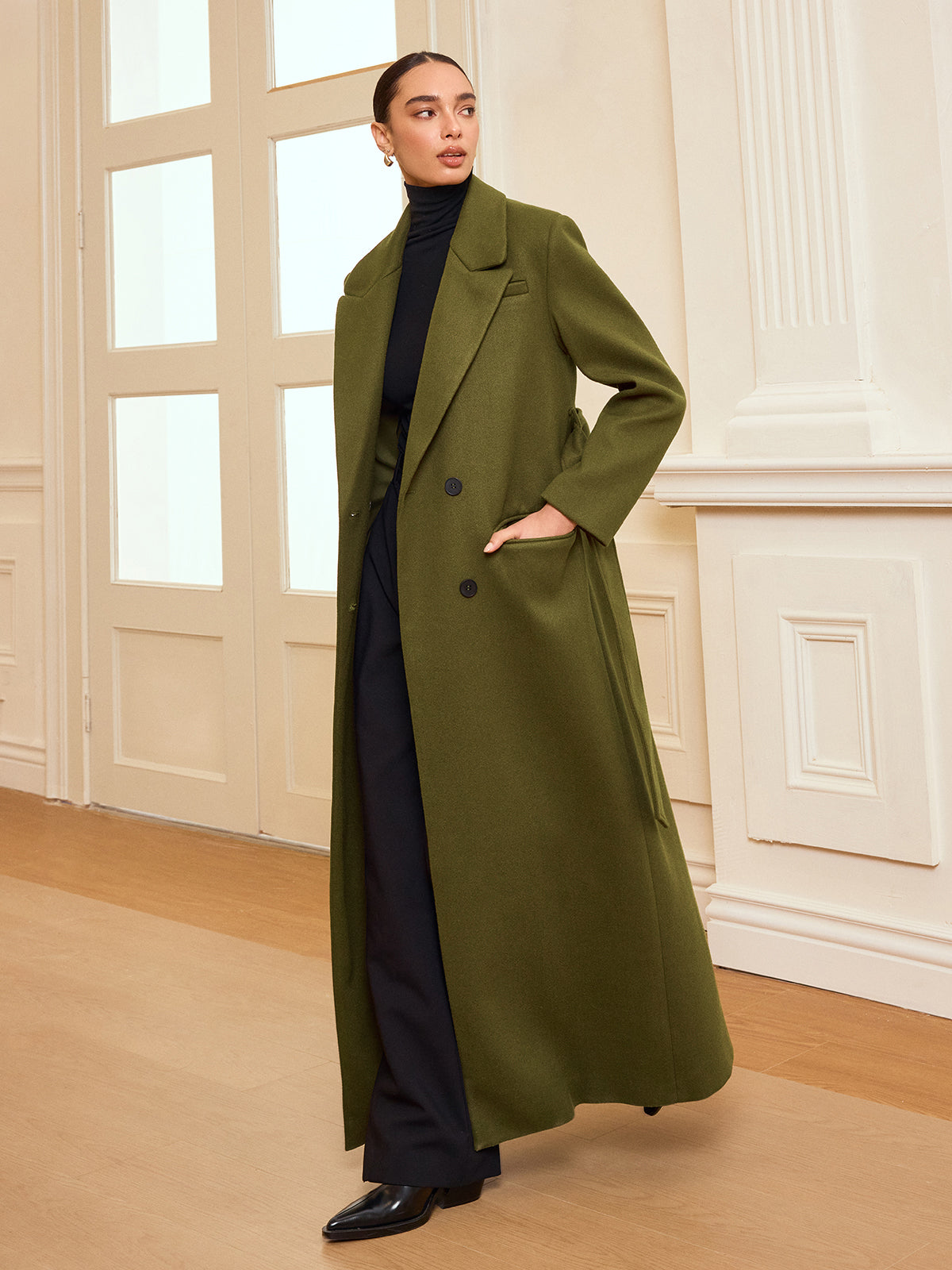 Manteau Long Ceinturé à Double Boutonnage - Chaud en Tweed avec Manches Longues