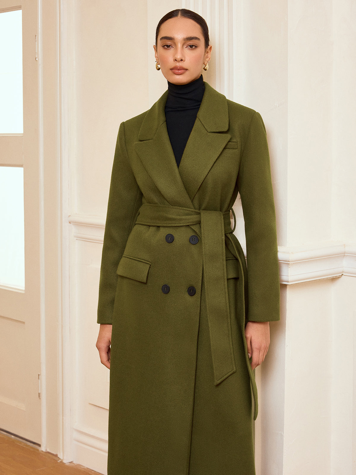 Manteau Long Ceinturé à Double Boutonnage - Chaud en Tweed avec Manches Longues