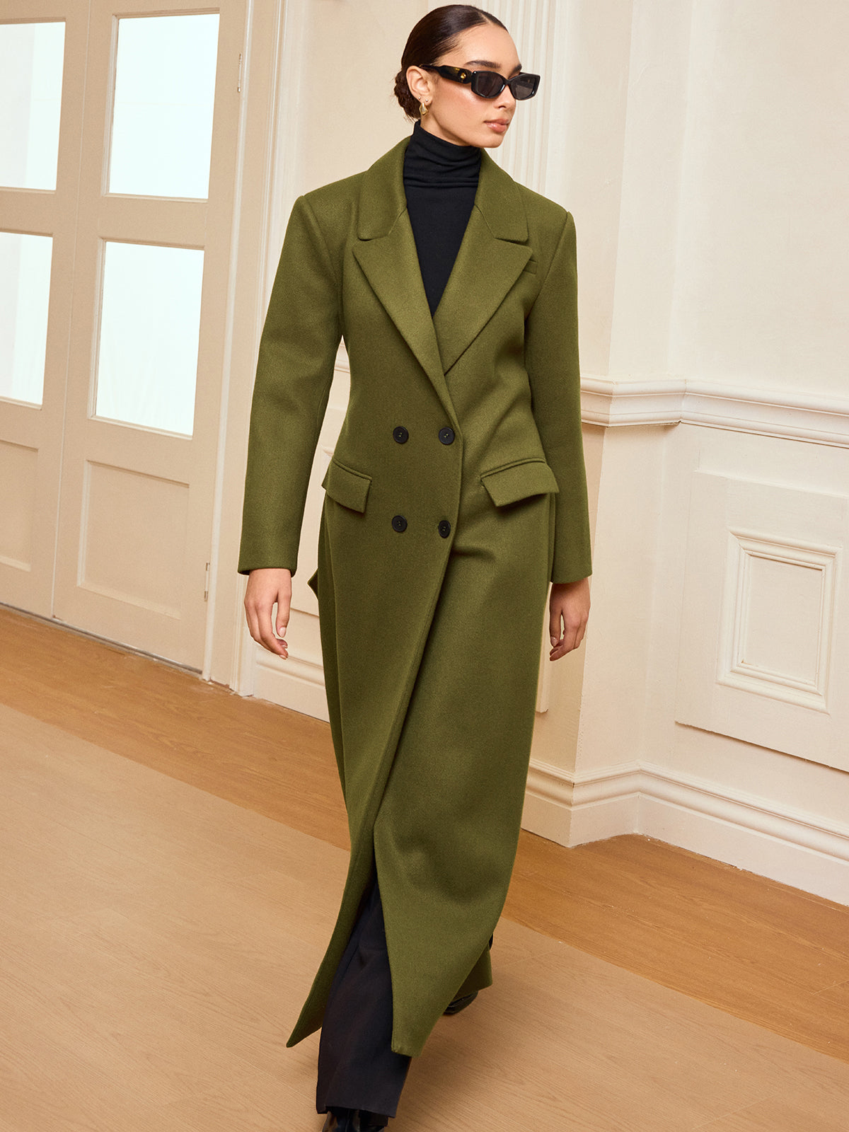 Manteau Long Ceinturé à Double Boutonnage - Chaud en Tweed avec Manches Longues