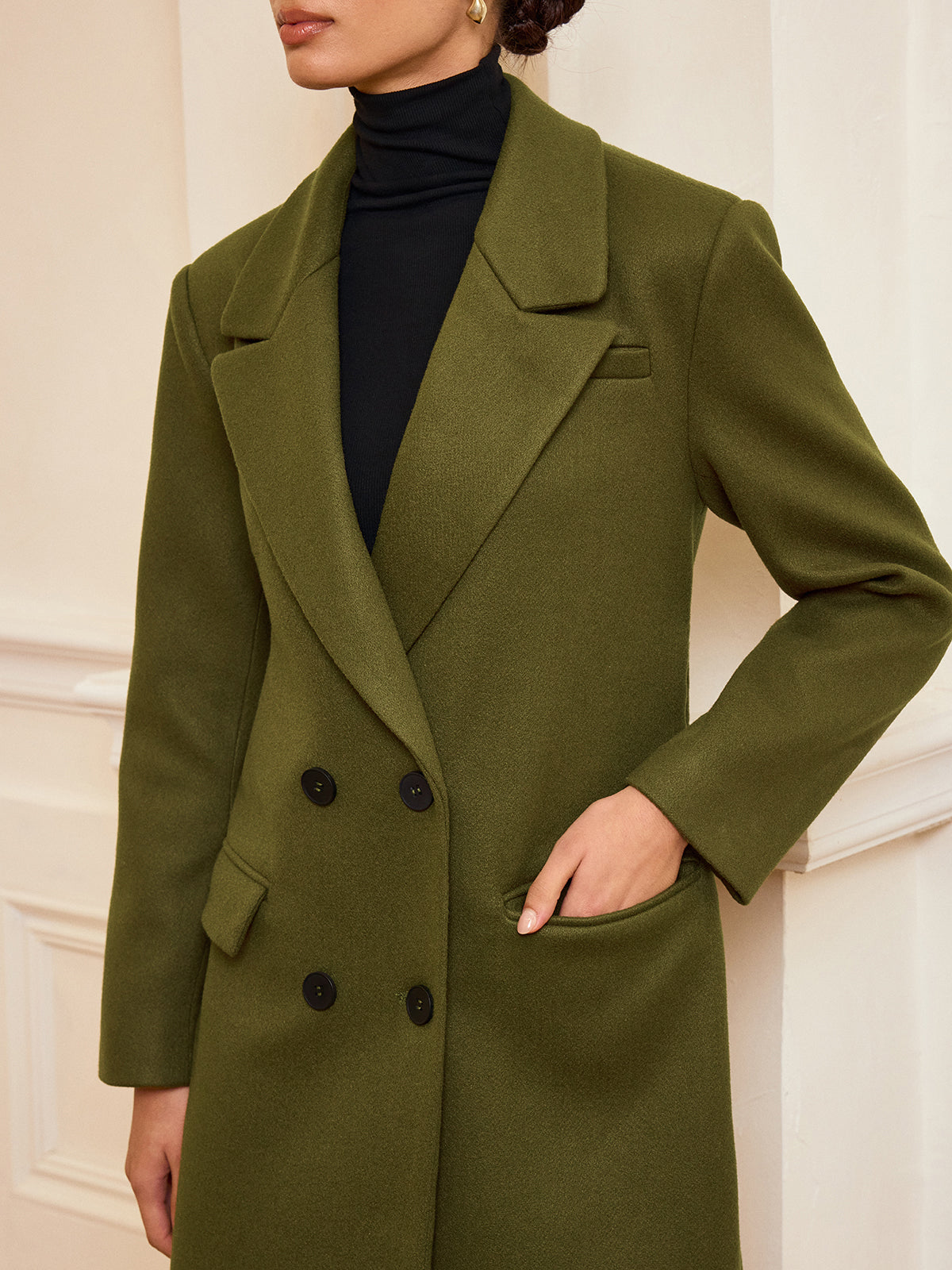 Manteau Long Ceinturé à Double Boutonnage - Chaud en Tweed avec Manches Longues