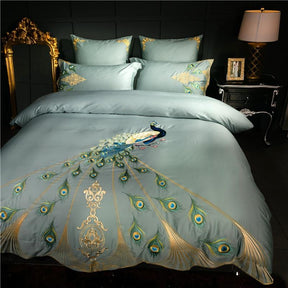 Ensemble de Couette en Coton Égyptien - Design Teal avec Motif de Paon