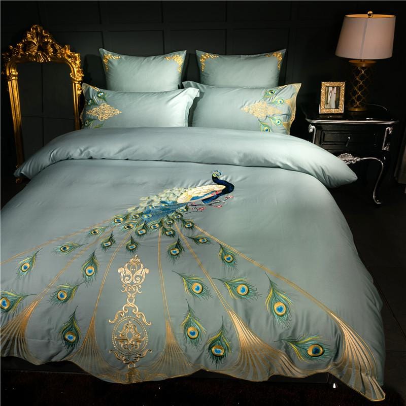 Ensemble de Couette en Coton Égyptien - Design Teal avec Motif de Paon