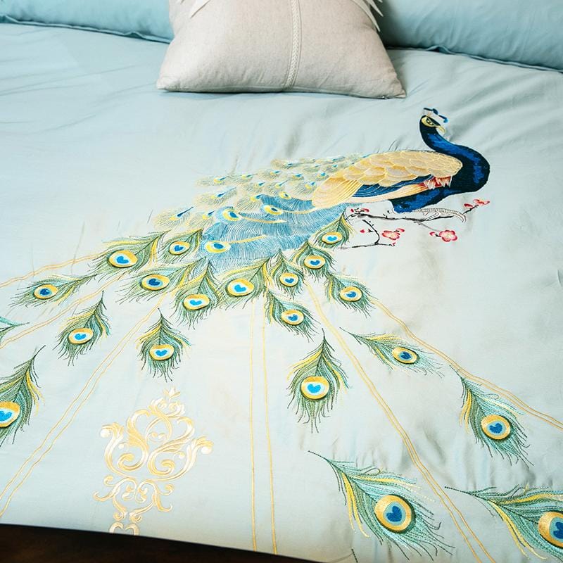 Ensemble de Couette en Coton Égyptien - Design Teal avec Motif de Paon