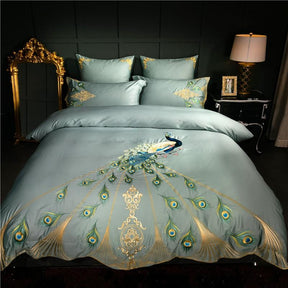 Ensemble de Couette en Coton Égyptien - Design Teal avec Motif de Paon