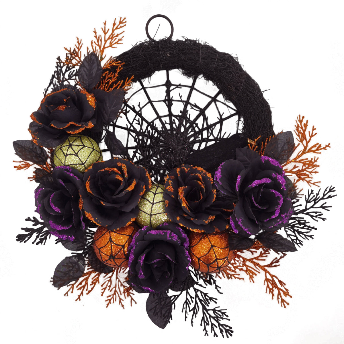 Couronne Florale Gothique Halloween - Roses Noires et Toile d'Araignée Pailletée