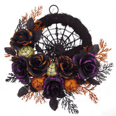 Couronne Florale Gothique Halloween - Roses Noires et Toile d'Araignée Pailletée