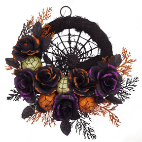 Couronne Florale Gothique Halloween - Roses Noires et Toile d'Araignée Pailletée