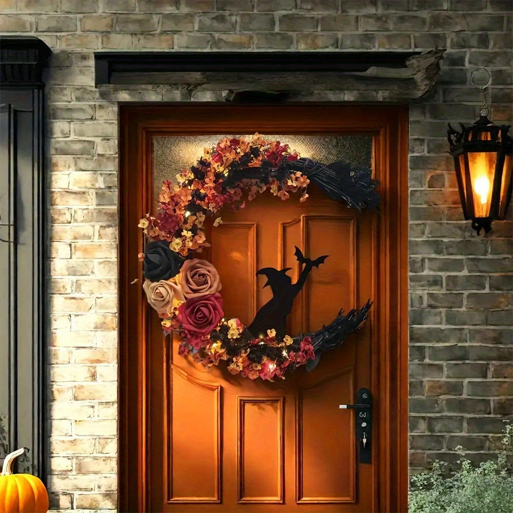 Couronne de Sorcière Halloween - Décoration Florale en Lune Croissante
