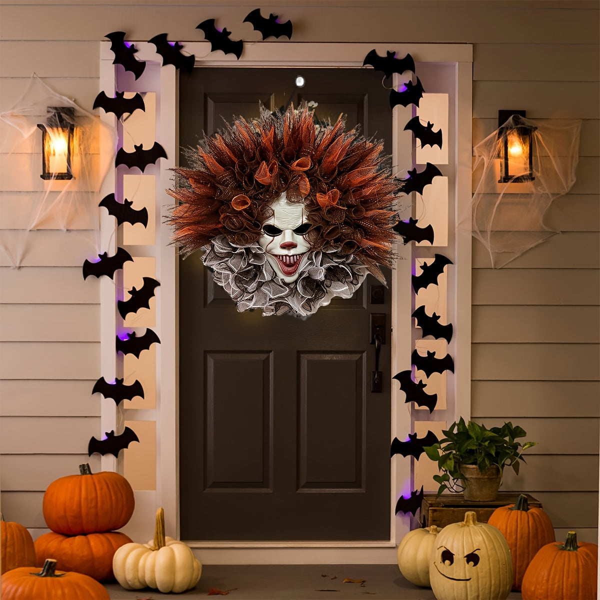 Couronne Halloween Clown Effrayant - Décoration Terrifiante pour Porte d'Entrée