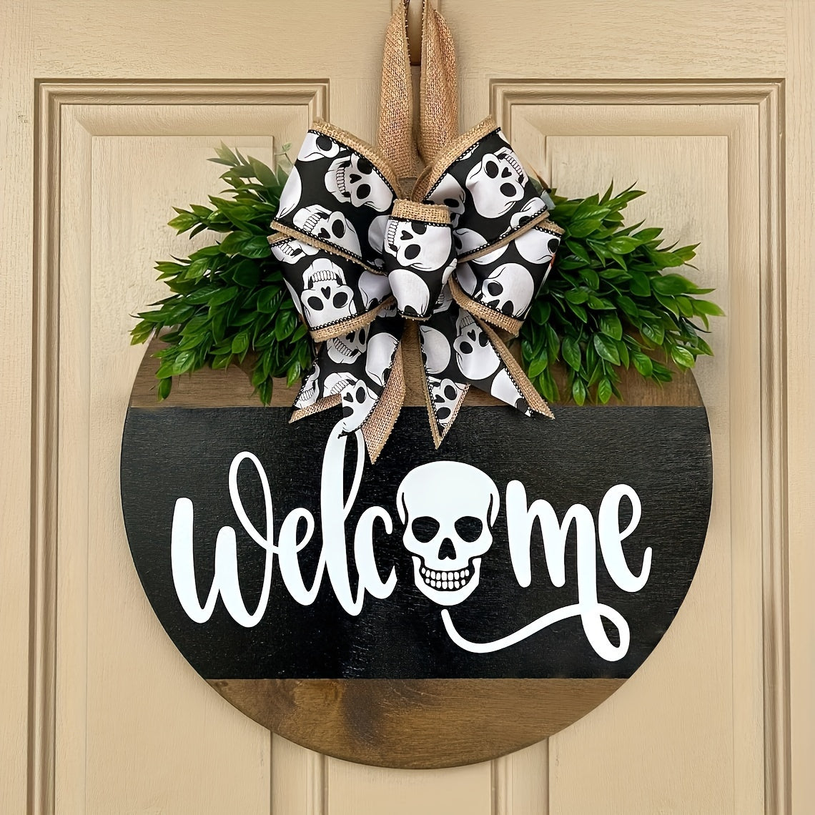Couronne de Crâne Halloween - Panneau Rustique de Bienvenue Effrayant