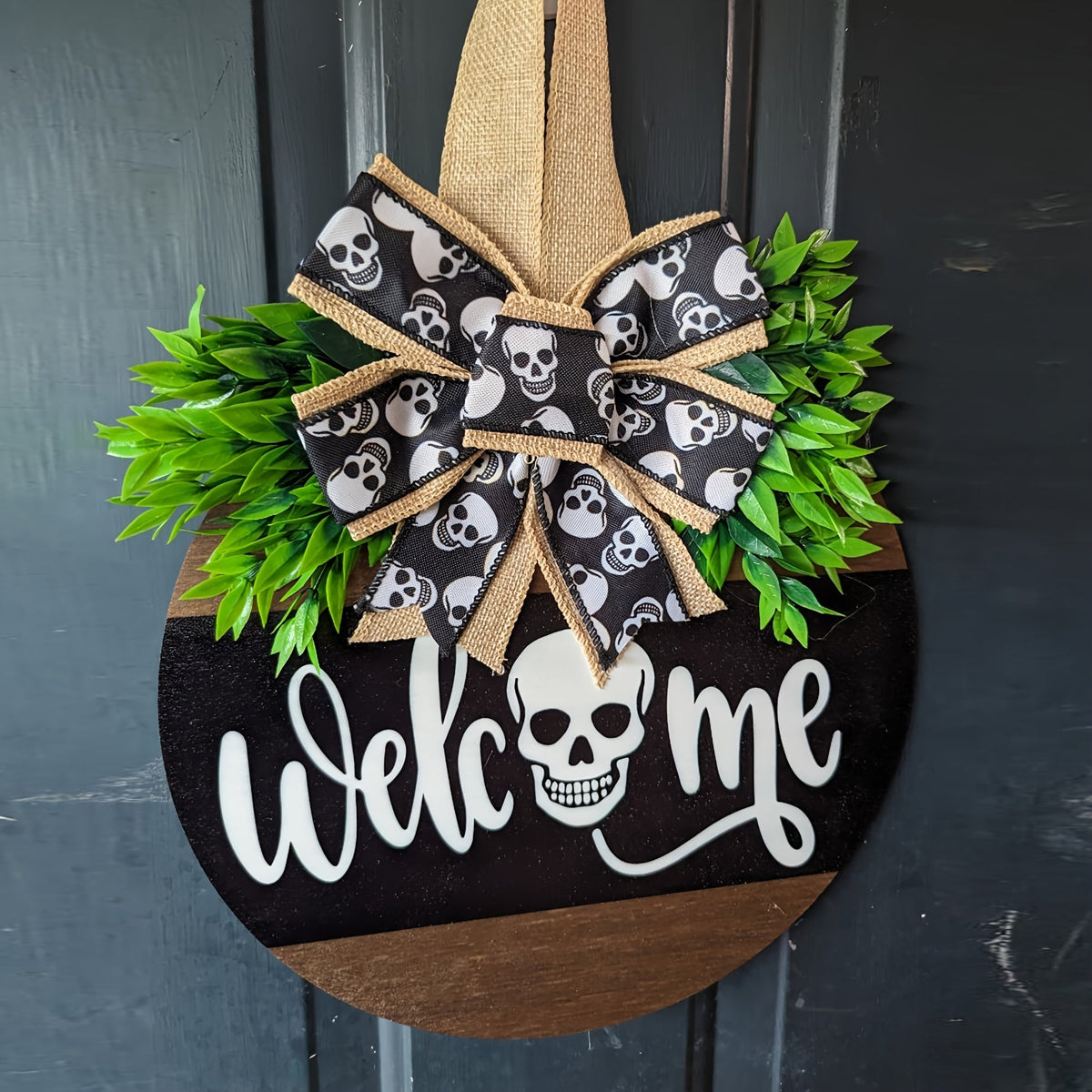 Couronne de Crâne Halloween - Panneau Rustique de Bienvenue Effrayant
