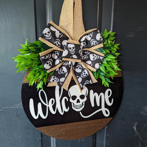 Couronne de Crâne Halloween - Panneau Rustique de Bienvenue Effrayant