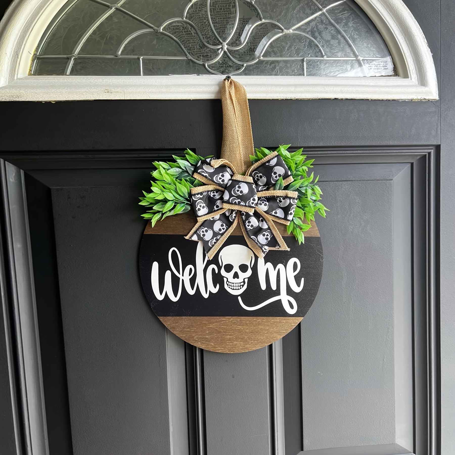 Couronne de Crâne Halloween - Panneau Rustique de Bienvenue Effrayant