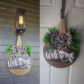 Couronne de Crâne Halloween - Panneau Rustique de Bienvenue Effrayant