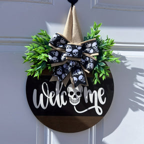 Couronne de Crâne Halloween - Panneau Rustique de Bienvenue Effrayant