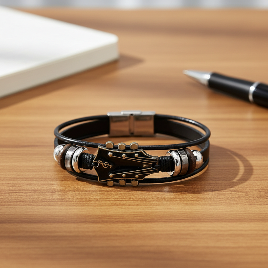 Bracelet en Cuir Inspiré de la Guitare | Accessoire Stylé pour Amateurs de Musique
