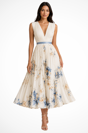 Robe midi fleurie femme jupe évasée élégante imprimés botaniques col V sans manches