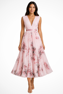 Robe midi fleurie femme jupe évasée élégante imprimés botaniques col V sans manches