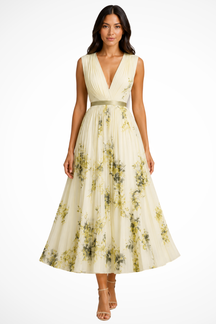 Robe midi fleurie femme jupe évasée élégante imprimés botaniques col V sans manches